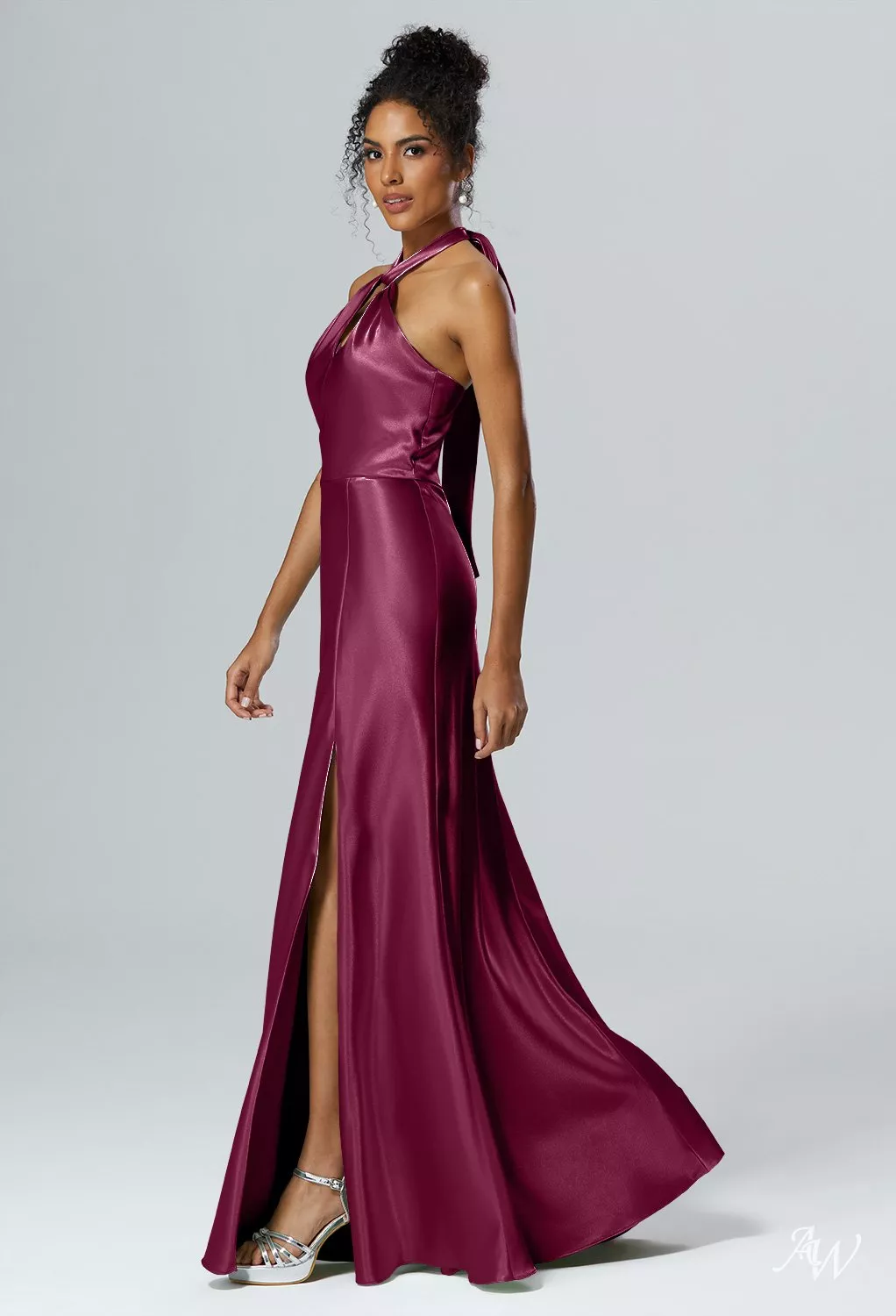 Burgundy Wine Fitted Long Crystal Satin Maxi Dress main image 0